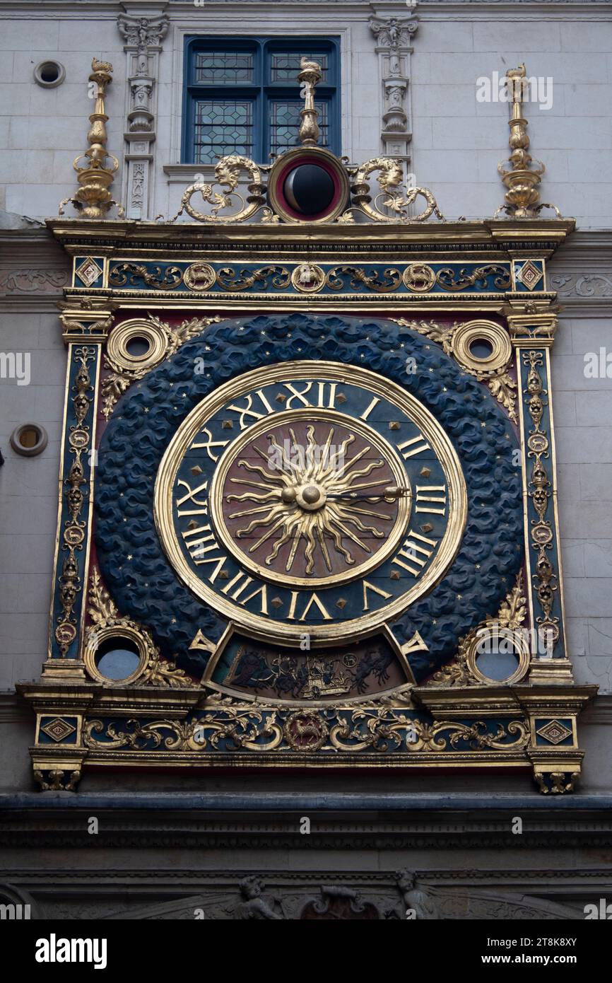 The Gros-Horloge - Great-Clock - a 14th century astronomical clock in a Renaissance arch crossing the Rue du Gros-Horloge Rouen, Normandy France Stock Photo