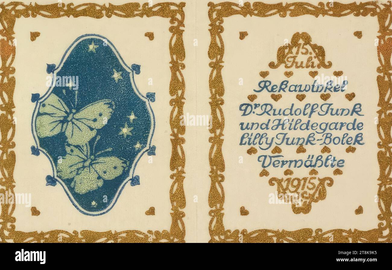 Marriage announcement Junk, Rudolf Junk, Vienna 1880 - 1943 Rekawinkel, 1915, print, color woodcut, sheet: 12.5 x 20.5 cm, Austria Stock Photo