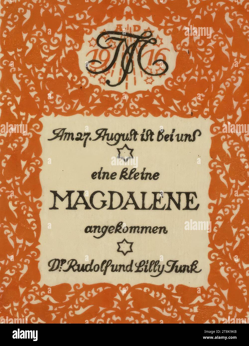 Birth announcement Magdalene Junk, Rudolf Junk, Vienna 1880 - 1943 Rekawinkel, 1916, print, color woodcut, sheet: 19.8 x 14 cm, l.l. 'birth announcement, Austria Stock Photo