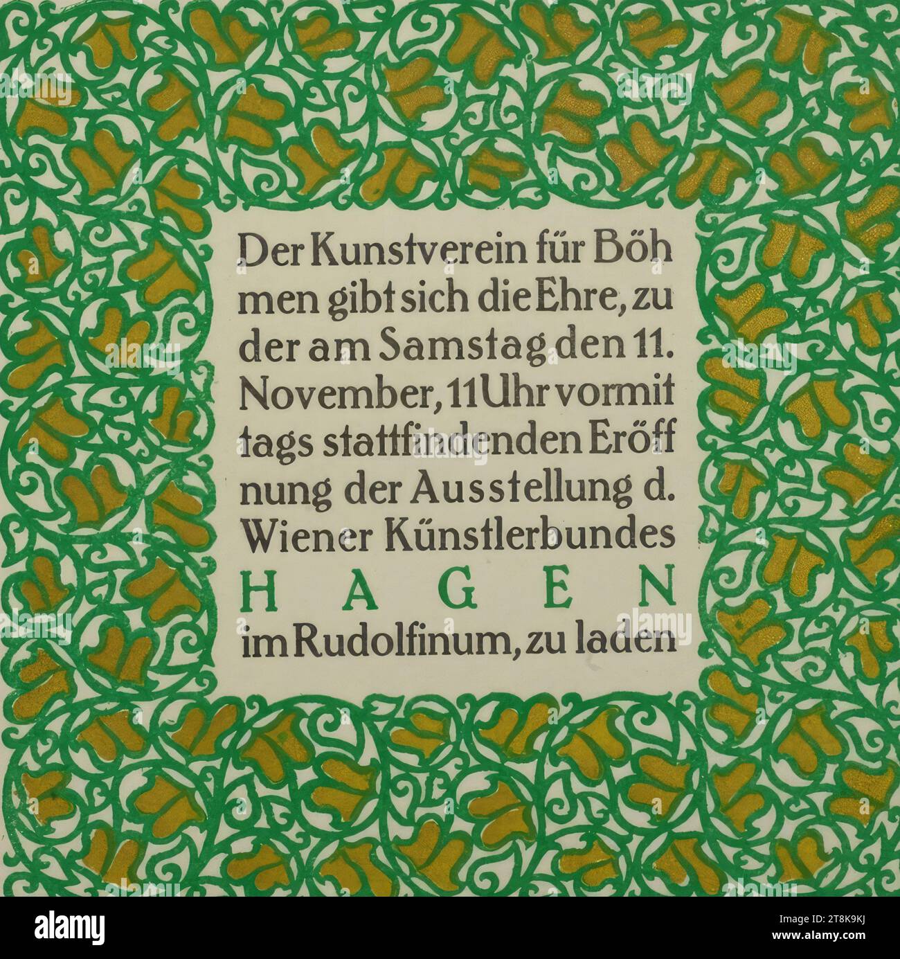 Invitation card for the exhibition of the Vienna Artists' Association Hagen in the Kunstverein Böhmen 1912, Rudolf Junk, Vienna 1880 - 1943 Rekawinkel, 1912, print, color woodcut, sheet: 16.5 x 16.4 cm, Austria Stock Photo
