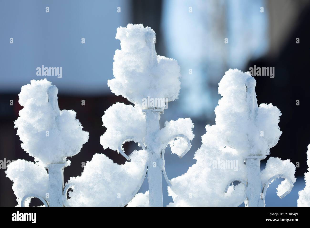 Snow on ornamental wrought iron fence Stock Photo - Alamy