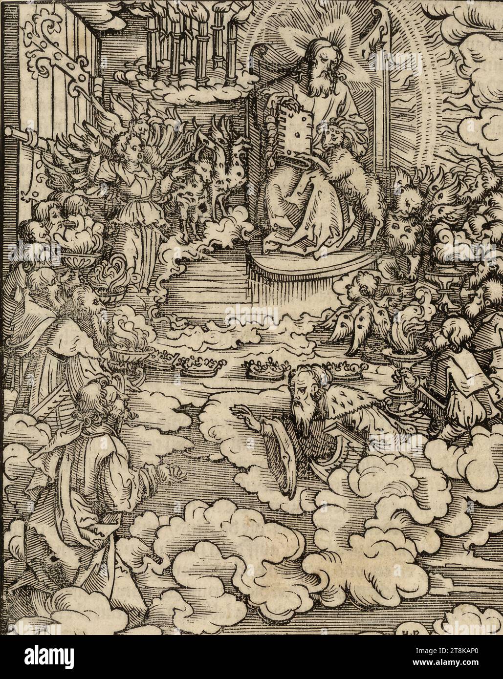 John before God's throne and the 24 elders, illustrations of the apocalypse for Silvan Otmar's Augsburg edition of the Luther Bible, 1523, Hans Burgkmair the Elder. Ä., Augsburg 1473 - 1531 Augsburg, 1523, print, woodcut, plate: 16.2 x 13 cm Stock Photo