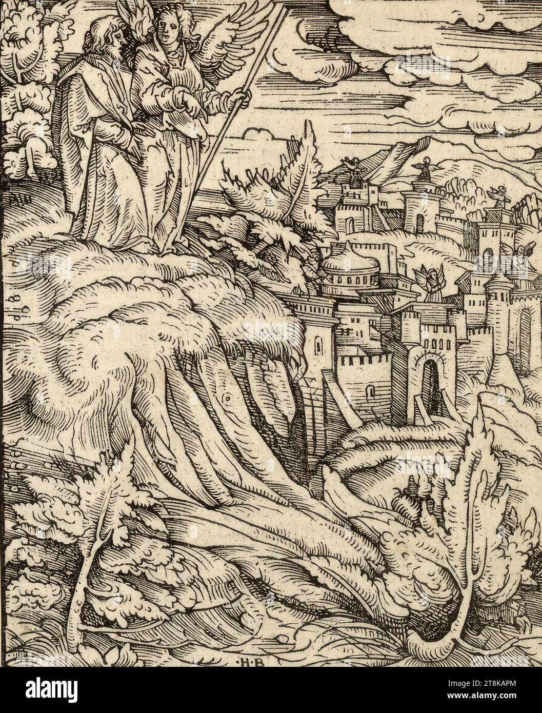 The angel shows John the New Jerusalem, illustrations of the apocalypse for Silvan Otmar's Augsburg edition of the Luther Bible, 1523, Hans Burgkmair the Elder. Ä., Augsburg 1473 - 1531 Augsburg, 1523, print, woodcut, plate: 16.2 x 13.1 cm Stock Photo