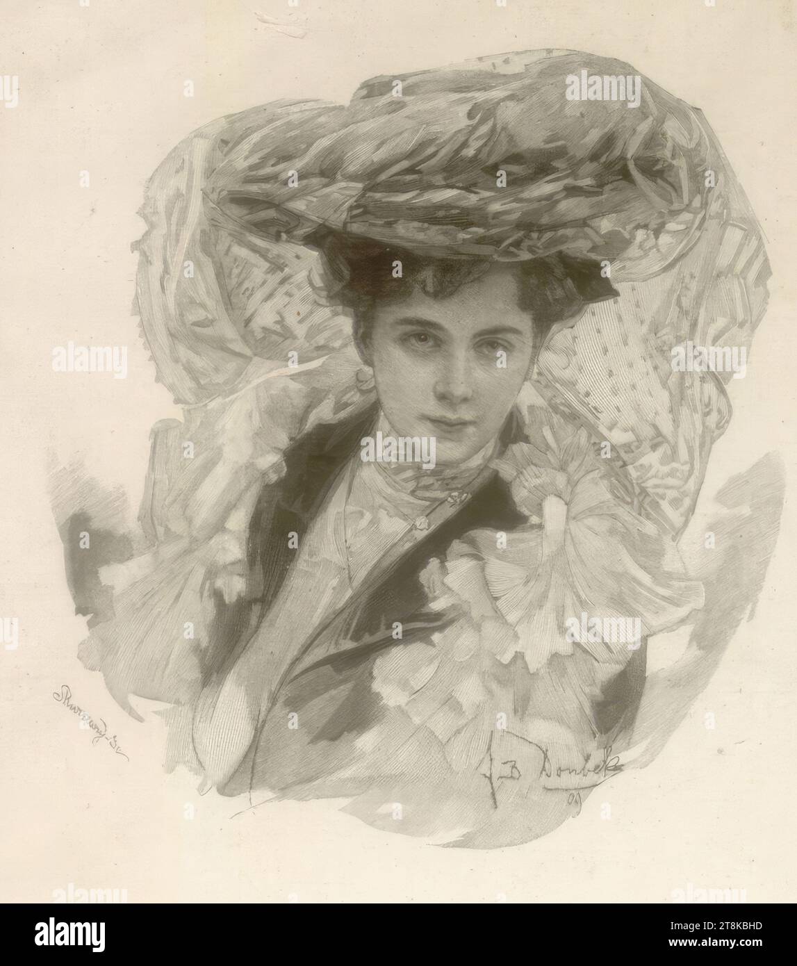 A girl with a hat, Wilhelm Skurawy, Austria, born 1867, 1909, print, wood engraving, sheet: 17.3 x 13.8 cm, right. 'F. B. Donbek Stock Photo