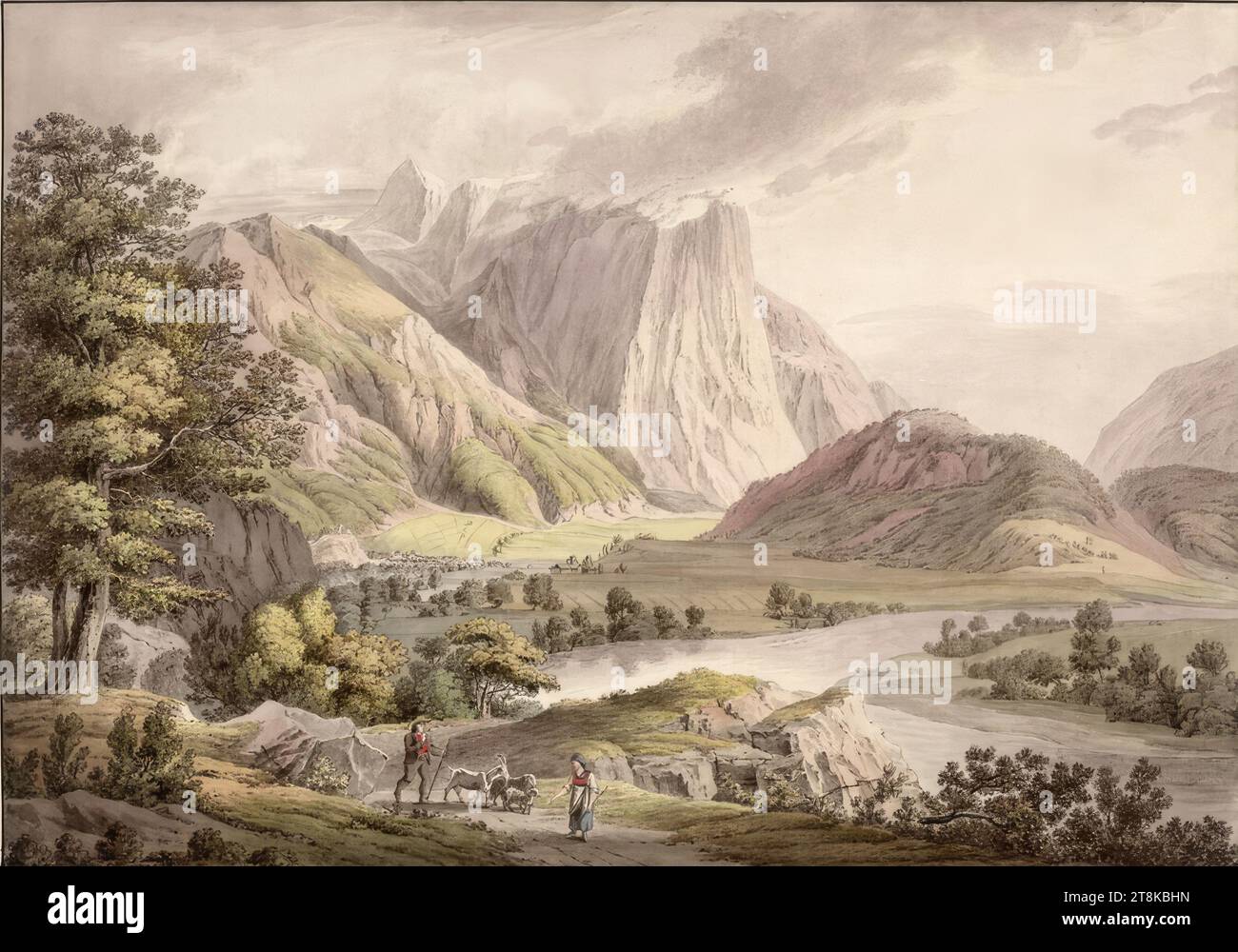 Entrance to the Ötztal in Tyrol, prospects from Tyrol, Jakob Gauermann, Oeffingen near Stuttgart 1773 - 1843 Vienna, 1805, print, etching, colored, Austria Stock Photo