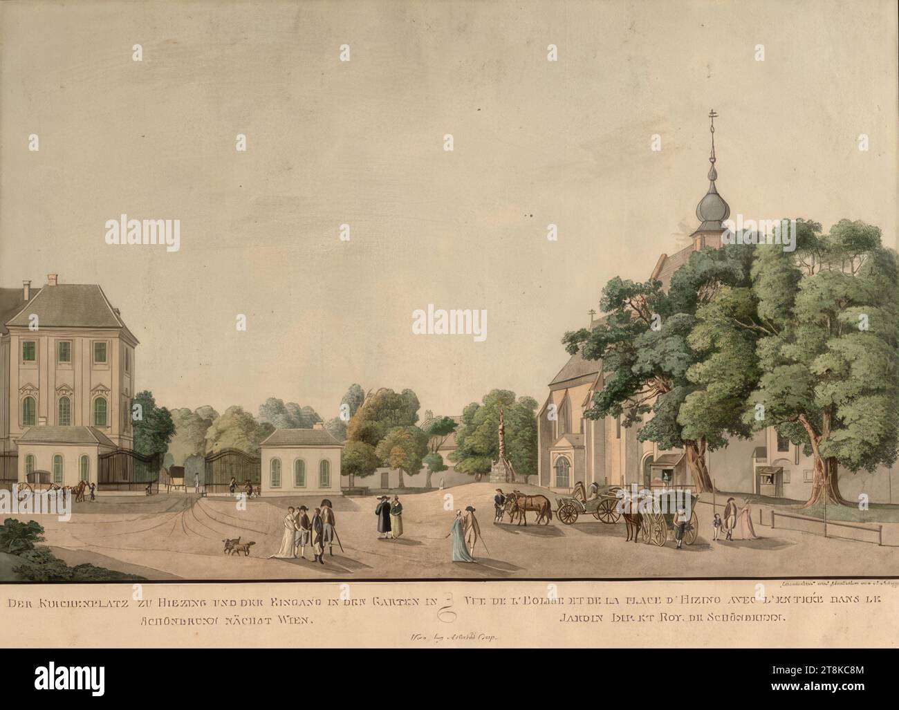 The church square in Hietzing, Collection des Vues, Monuments, Costumes & other objets remarquables de Vienne et de Ses Environs, Johann Kniep, Vienna 1779 - 1809 Vienna, around 1820, print, etching, colored, Austria Stock Photo