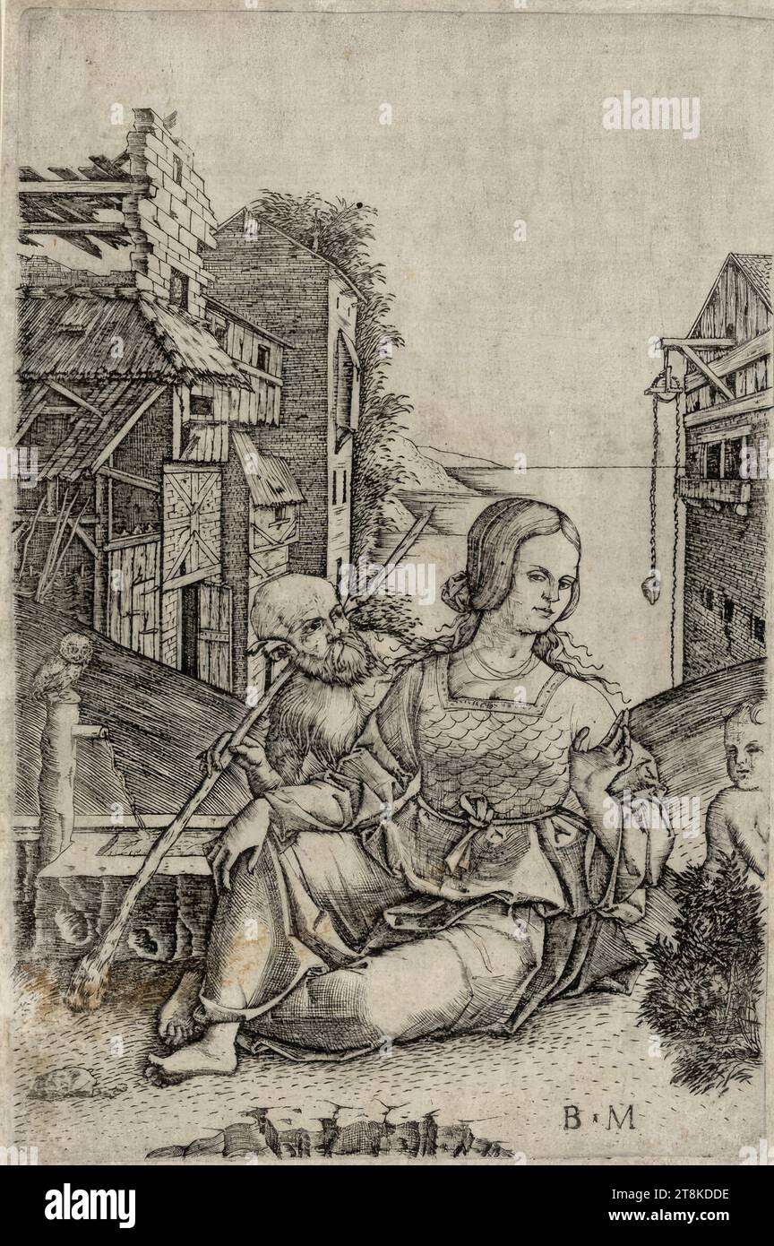 Woman with child and wild man at a fountain, Benedetto da Montagna, Italy, around 1481 - 1558, first half of the 16th century, print, copperplate engraving, 'Harzen 1841 18 fl Stock Photo