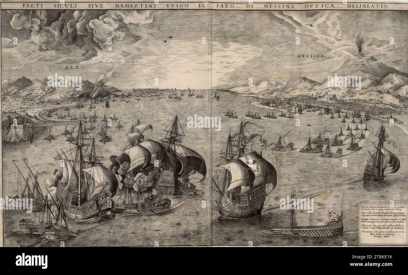 Sea battle in the Strait of Messina, 1561, print, etching and engraving, sheet: 43.4 x 72.2 cm, on the sheet:, '. F. HVIIS. FECIT.'; li. above: 'REZO'; re. above: 'MESSINA'; Above: 'FRETI SICVLI SIVE MAMERTINI VVLGO EL FARO DI MESSINA OPTICA DELINEATIO'; re. below: 'Trinacriæ insignes portum'que vrbem'que vetustam / Messanam, veteres quam construxere Pelasgi, / Parte vides dextræ & scopulos, sedesq[ue] Gigantun / Qua micat horrendum nocturnis ignibus Æthna. / Rhegius a’ læva est Calabrúm traiectús: at illud / Inter vtrumque fretum Scylla terribile monstro / Olim terra fuit, quæ póst quassata Stock Photo