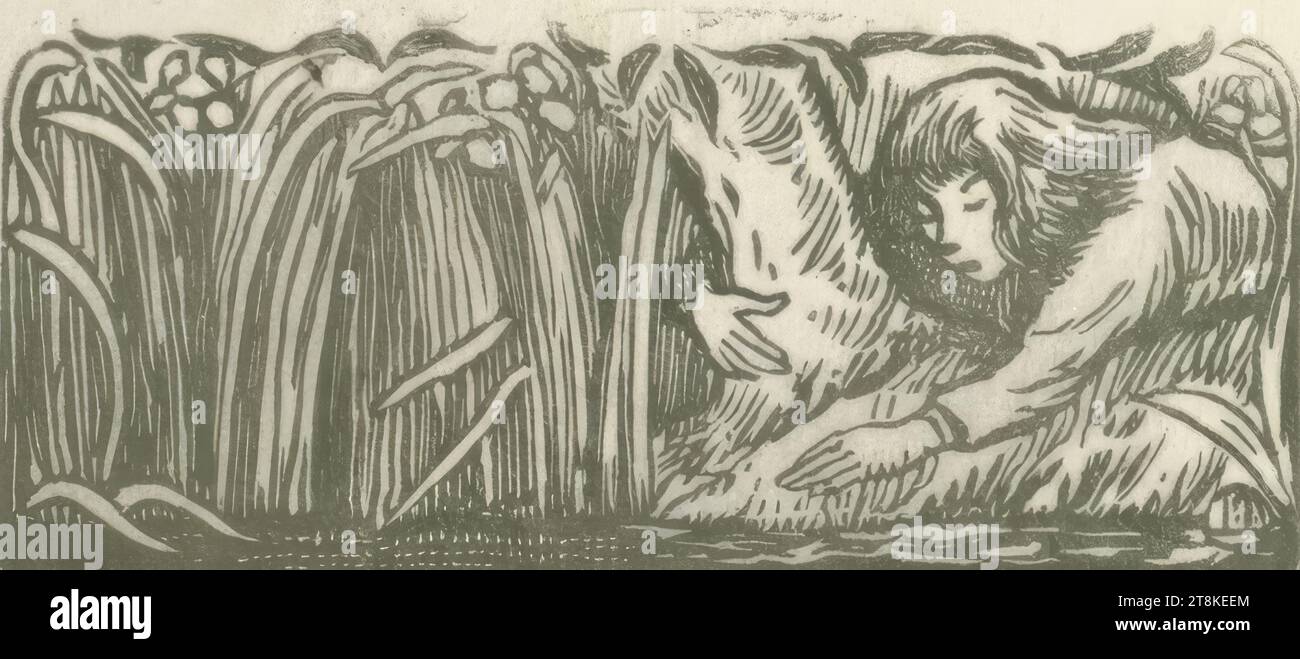 Child on the shore, illustrations for The Queen of the fishes, Lucien Pissarro, Paris 1863 - 1944 Epping, Great Britain, print, woodcut; Gray; Japanese paper, plate: 3.2 x 7.5 cm, l.l. '5/20 Stock Photo