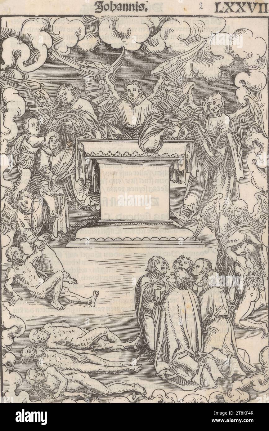New Testament, Luther Bible, Opening of the fifth seal, the clothing of the martyrs under the altar, Revelation of John 6, 9-11, The Revelation of John, Lucas Cranach the Elder. Ä., Kronach 1472 - 1553 Weimar, 1522, print, woodcut and typeprint, sheet: 24.9 × 16.9 cm, above: M.l. 'John.'; r.o. 'LXXVII Stock Photo