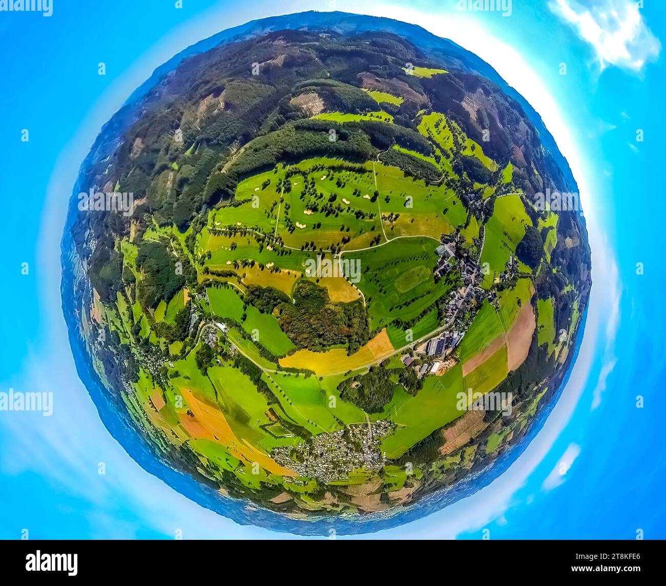 Aerial view, golf course Repetal Südsauerland e.V. Helden, earth globe, fisheye shot, 360 degree shot, tiny world, Helden, Attendorn, Sauerland, North Stock Photo