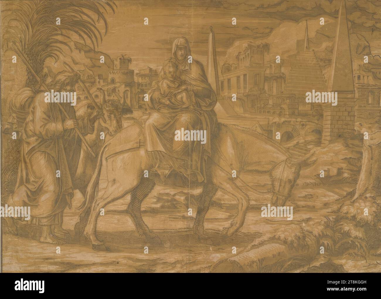 The flight to Egypt, Georg Matheus, mentioned 1554 - 1572, active in Augsburg and Lyon, around 1540-1560, print, clair-obscur woodcut in three plates, green, sheet: 34.5 x 47, 7cm Stock Photo