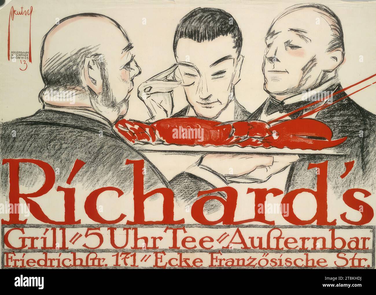 Richard's Grill - 5 o'clock tea - oyster bar, Friedrichstr. 171 - Corner of Fremde Str., Ernst Deutsch-Dryden, Vienna 1887 - 1938 Los Angeles, 1913, print, color lithograph, sheet: 70.5 x 96 cm, l.o. 'HOLLERBAUM / & SCHMIDT / BERLIN. N. 65.', in print, M.u. 'Richard's / Grill - 5 o'clock tea - oyster bar / Friedrichstr171 - corner of Fremde Str.', in print, r.u. '10', in print, Austria Stock Photo