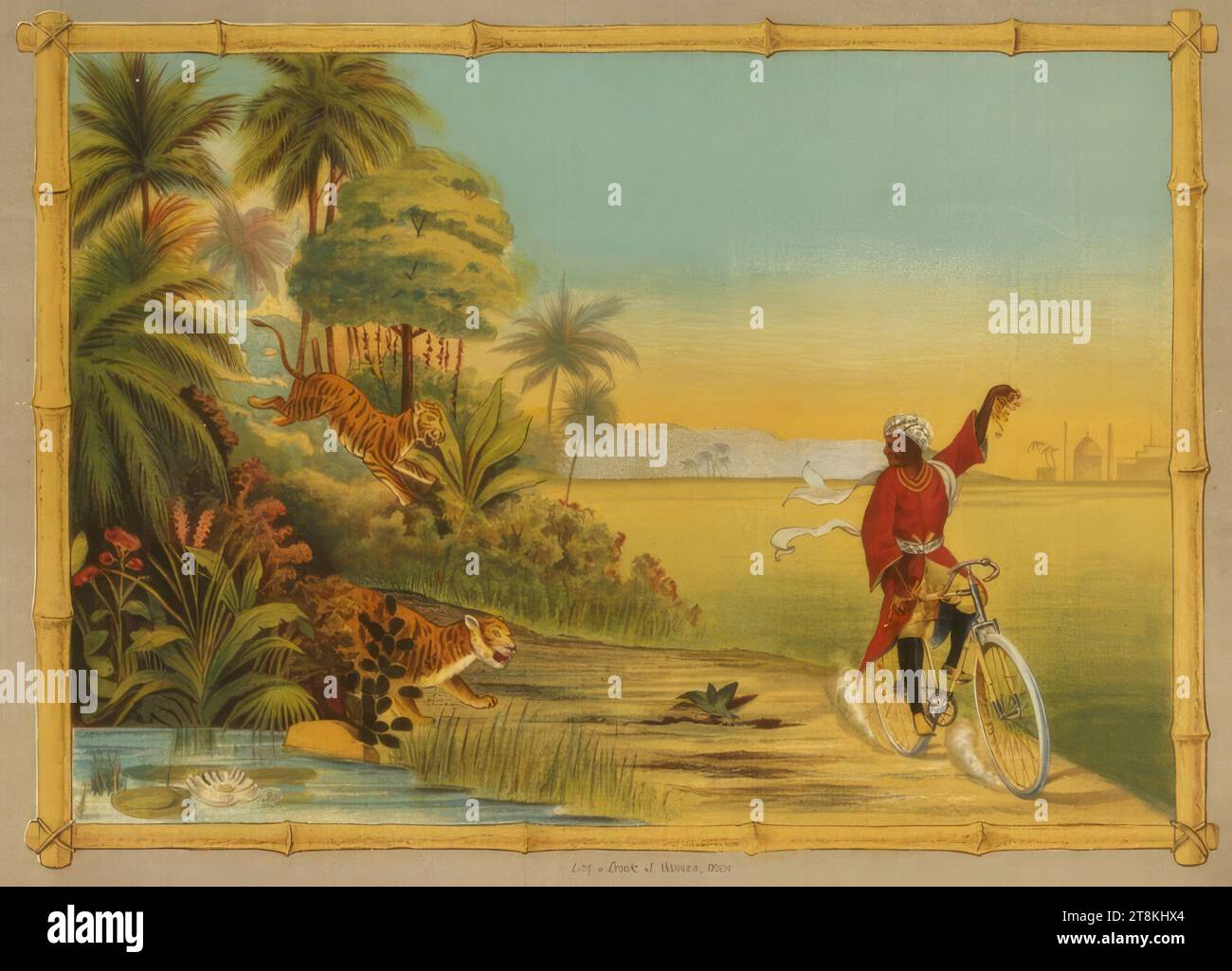Indian cyclist attacked by tigers, Anonymous, around 1900, print, color lithograph, sheet: 470 mm x 530 mm Stock Photo
