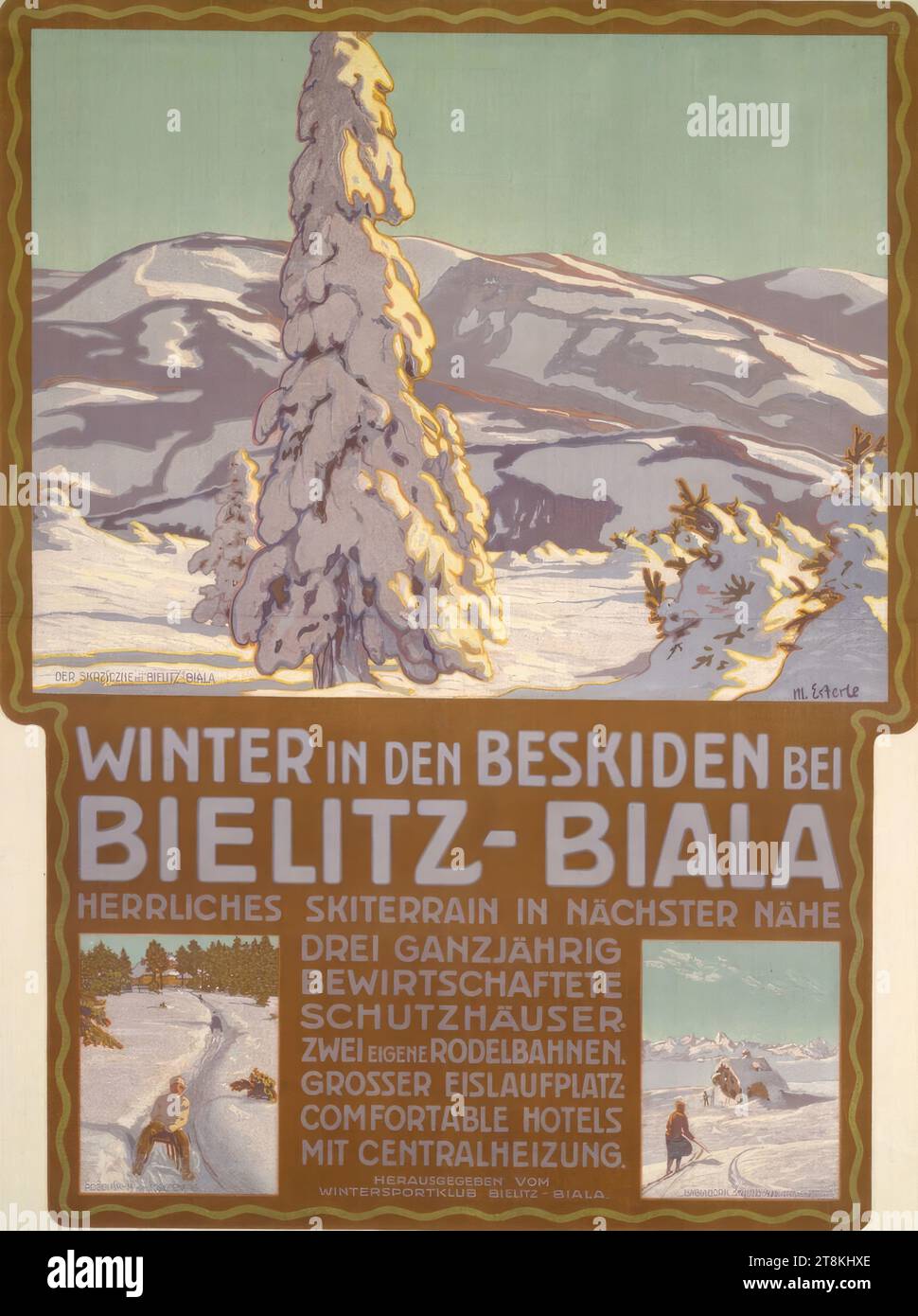 WINTER IN THE BESKIDS NEAR BIELITZ-BIALA, Max Esterle, Austria, 1870 - 1947, around 1910, print, color lithograph, sheet: 1060 mm x 810 mm, M.l. 'THE SKPZY'CZNE AT BIELITZ-BIALA', in print, M.u. 'WINTER IN THE BESKIDS NEAR / BIELITZ-BIALA / MAGNIFICENT SKI RAIN IN THE CLOSE AREA / THREE ALL YEAR ROUND / MANAGED / PROTECTION HUTS / TWO OWN TOBOGGAN RUNS. / LARGE ICE RACK. / COMFORTABLE HOTELS / WITH CENTRAL HEATING. / PUBLISHED BY / WINTER SPORTS CLUB BIELITZ-BIALA / WAGNER'S UNIVERSITÄTS-BUCHDRUCKEREI, INNSBRUCK', in print Stock Photo