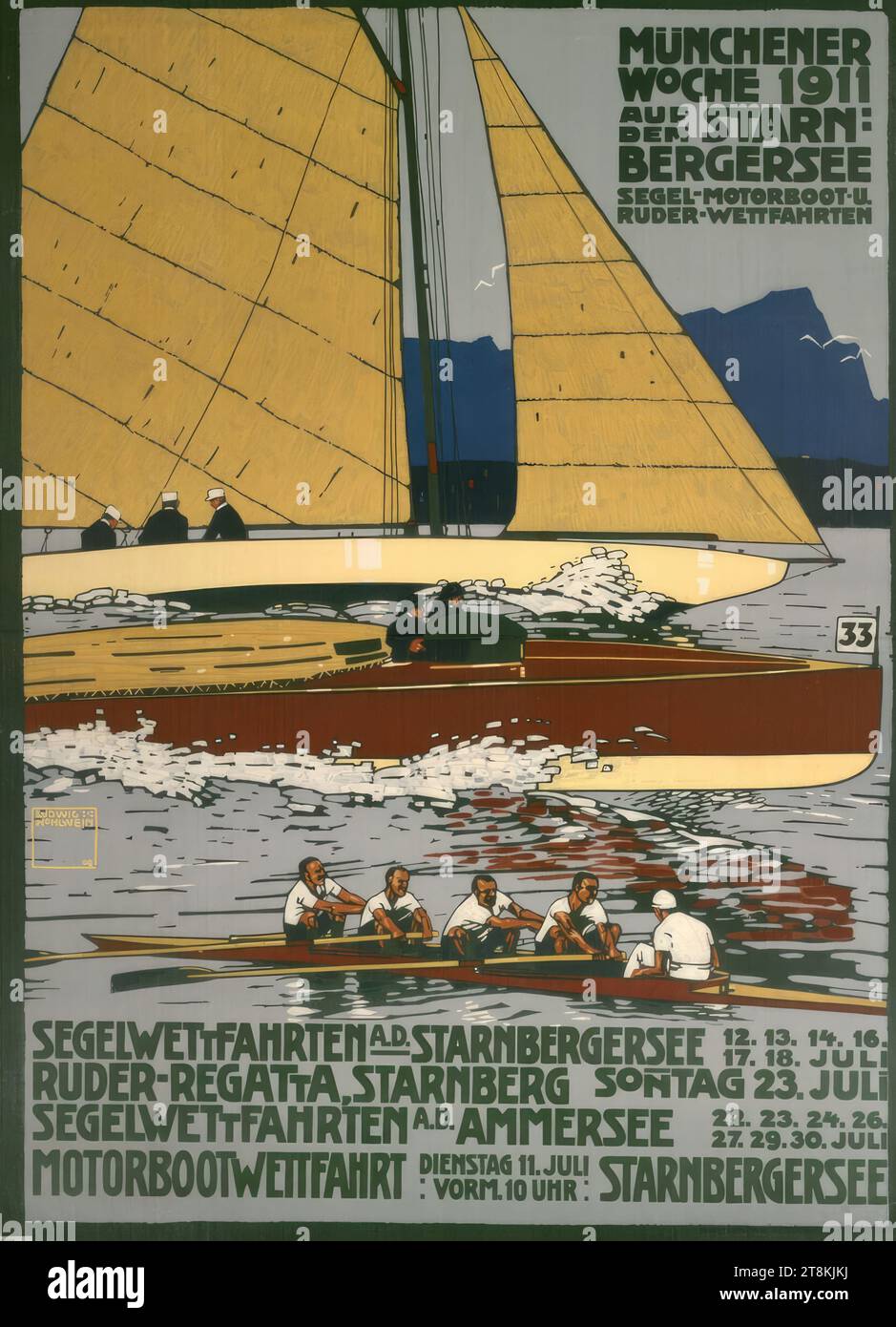 MUNICH WEEK 1911 ON LAKE STARNBERGER; SAILING, MOTORBOAT AND ROWING COMPETITIONS, Ludwig Hohlwein, Wiesbaden 1874 - 1949 Berchtesgaden, 1909, print, color lithograph, sheet: 1250 mm x 920 mm, right. 'United Printing & Art Institutions G.m.b.H., G. Schuh & Cie., Munich, Herrnstr. 35', in print Stock Photo