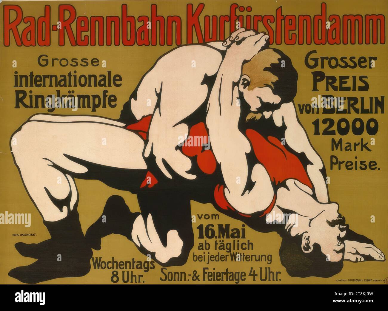 Kurfürstendamm cycle track; Large international wrestling matches, Hans Lindenstaedt, Germany, 1874 - 1928, around 1900, print, color lithograph, sheet: 710 mm x 950 mm, right. Stamp 'FSP Stock Photo