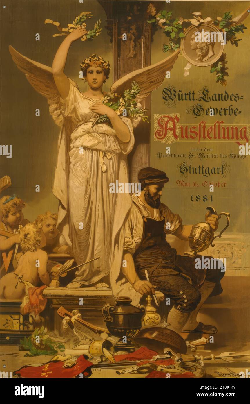 Württemberg State Trade Exhibition; Stuttgart; 1881, Alexander von Liezen-Mayer, Győr 1839 - 1898 Munich, 1881, print, color lithograph, sheet: 810 mm x 565 mm, l.l. 'S. Hagmann lith.', in print Stock Photo