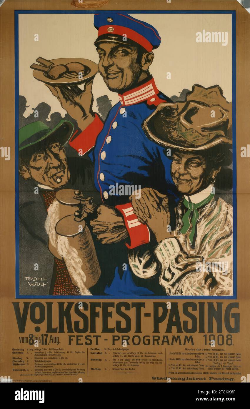 FOLK FESTIVAL PASING; 1908; FESTIVAL PROGRAM, Rudolf Robert Wolf, Leipzig 1877 - 1940 Munich, 1906, print, color lithograph, sheet: 1215 mm x 810 mm Stock Photo