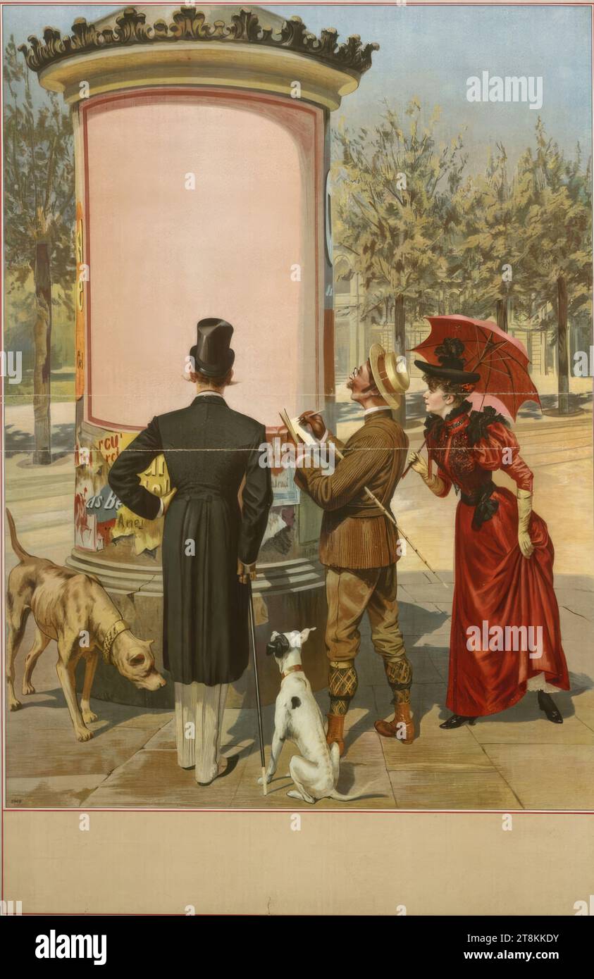 Walkers in front of an advertising column, Anonymous, around 1900