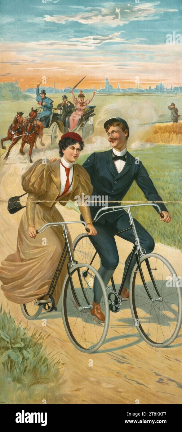 Two cyclists overtake an equipage, Anonymous, around 1900, print, color lithograph; Oil pressure, sheet: 780mm x 360mm Stock Photo