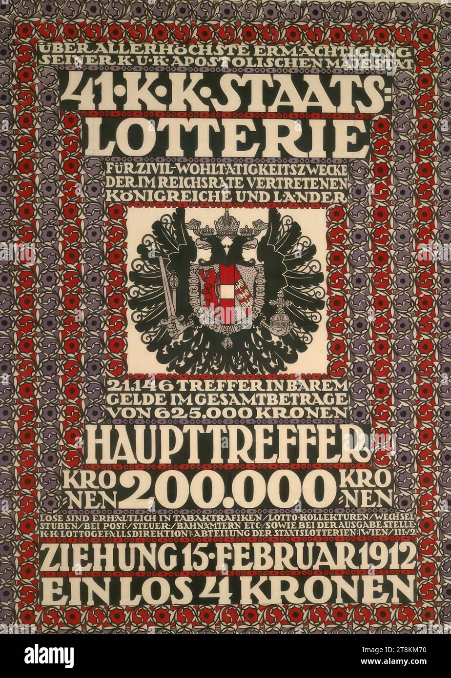 41. K. K. STATE LOTTERY; DRAW FEBRUARY 15, 1912, Rudolf Junk, Vienna 1880 - 1943 Rekawinkel, 1912, print, color lithograph, sheet: 1260 mm x 950 mm, Austria Stock Photo