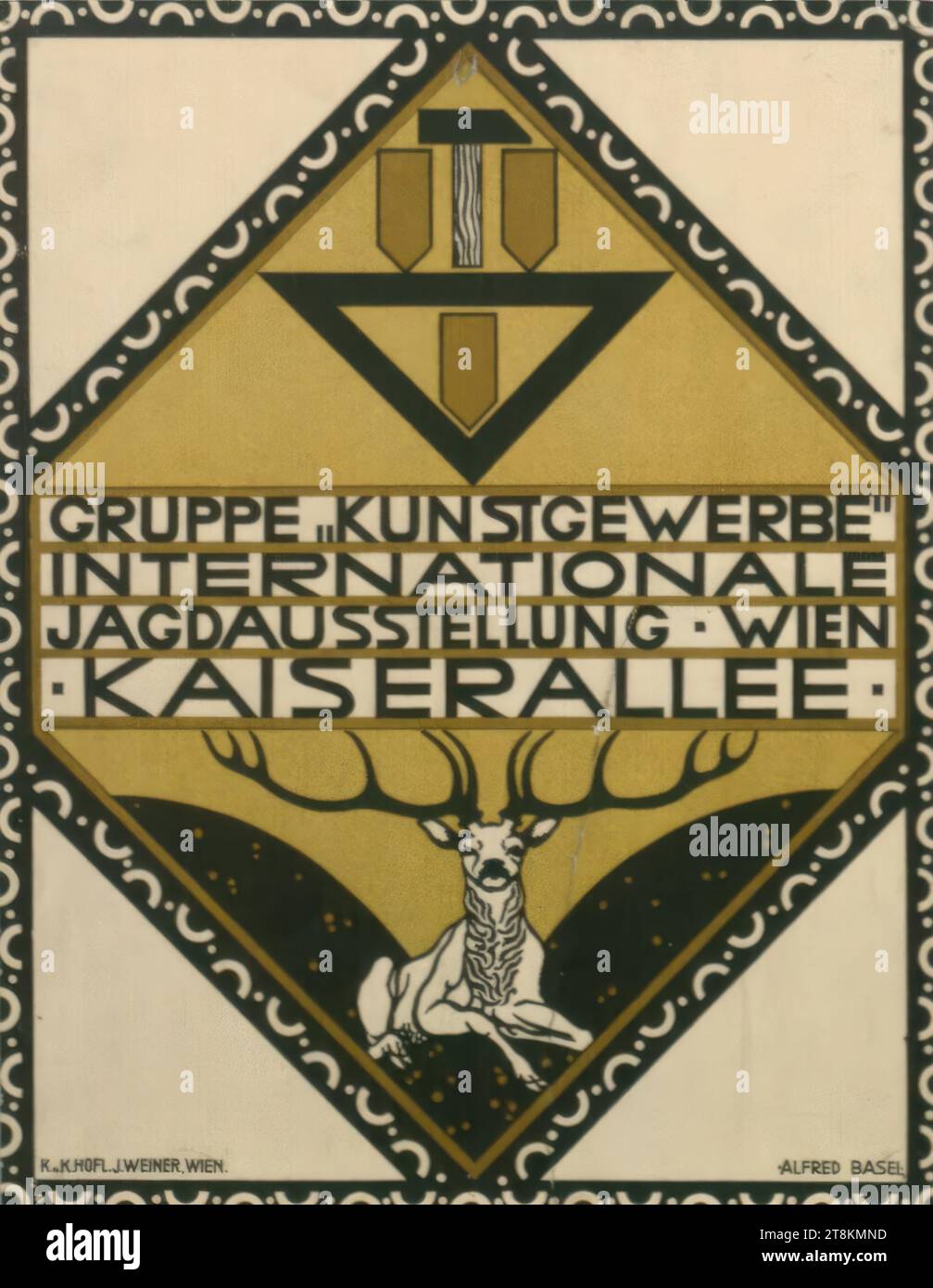 Group 'Decorative Arts', International Hunting Exhibition, Vienna, Alfred Basel, Vienna 1876 - 1920 Dickenau, Türnitz, approx. 1910-1915, print, color lithograph, sheet: 300 mm x 235 mm, l.l. Stamp oval 'KING. - WÜRTTEM. STATE COMMERCIAL MUSEUM / STUTTGART'; RECTANGULAR 'KGL. WURTT. STATE / COMMERCIAL MUSEUM / STUTTGART.' handwritten: 'retired as a duplicate', pen; black, m.u. 'GROUP 'ARTS' / INTERNATIONAL / HUNTING EXHIBITION. VIENNA / . KAISERALLEE . ', in print, l.u. 'K. u. K. HOFL. J. WEINER, VIENNA.', in print, Austria Stock Photo