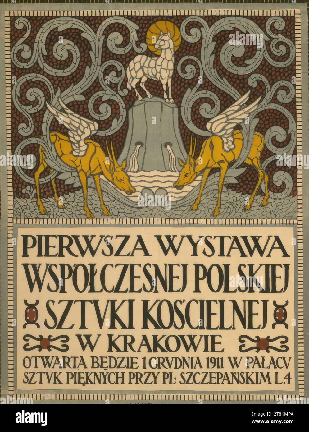 PIERWSZA WYSTAWA WSPOLCZESNEJ POLSKIEJ, Karol Maszkowski, Poland, 1875 - 1938, 1911, print, color lithograph, sheet: 950 mm x 700 mm, l.o. illegible labeling; r.u. Stamp 'LIT. A. PRUSZYNSKI KRAKOW', in press Stock Photo