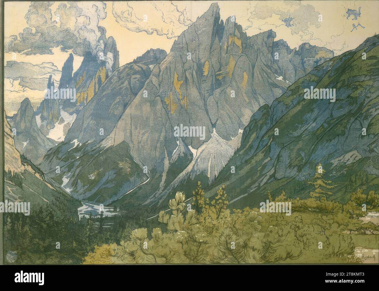 FROM THE DOLOMITES, SEXTENTHAL, Felician von Myrbach-Rheinfeld, Zaleszczyki, Galicia, 1853 - 1940 Klagenfurt, around 1910, print, color lithograph, sheet: 750 mm x 1050 mm, l.l. 'R. V. / 1847', in the coat of arms; in print Stock Photo