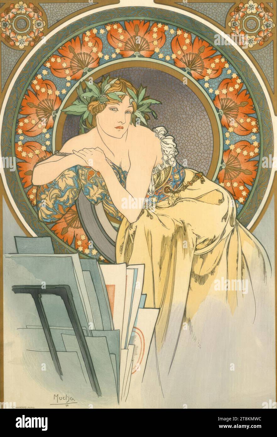 Toile imprimée Alphonse Mucha été femme avec motifs floraux