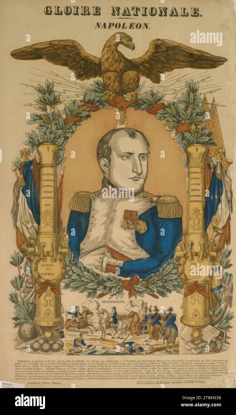 GLOIRE NATIONALE; NAPOLEON; the battle of Austerlitz; Le 2 décembre 1805, Anonymous, 1805, print, woodcut; hand-colored, sheet: 660 mm x 410 mm Stock Photo