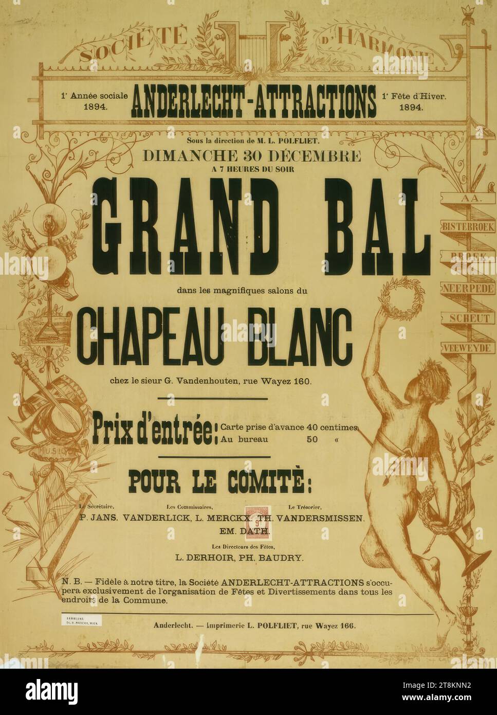 ANDERLECHT ATTRACTIONS; 1894; GRAND BAL in the magnifiques salons du CHAPEAU BLANC, Anonymous, 1894, print, lithograph, sheet: 730 mm x 550 mm Stock Photo