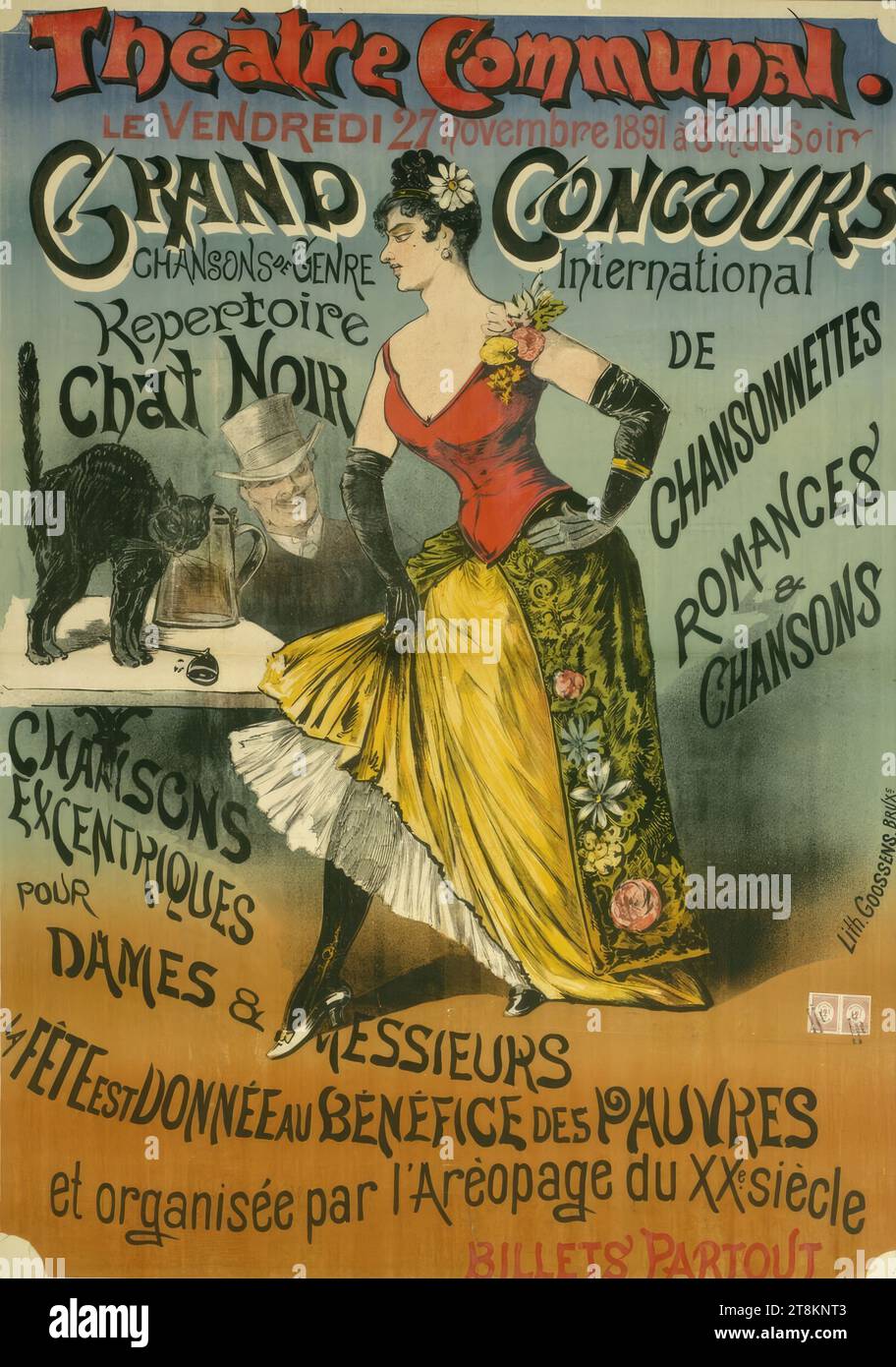 Theater Communal; LE VENDREDI November 27, 1891; GRAND CONCOURS international DE CHANSONNETTES; Repertoire Chat Noir, Anonymous, 1891, print, color lithograph, sheet: 1250 mm x 900 mm, right. Stamp stamps with stamp, Goossens Stock Photo