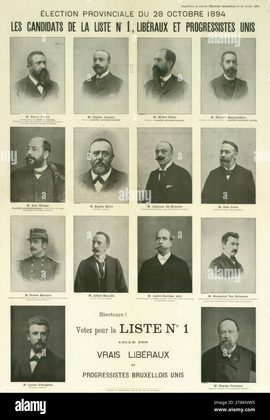 ÉLECTION PROVINCIALE DU 28 OCTOBRE 1894; LES CANDIDATS DE LA LISTE No. 1, LIBÉRAUX ET PROGRESSISTES UNIS, Anonymous, 1894, print, offset, sheet: 670 mm x 500 mm Stock Photo