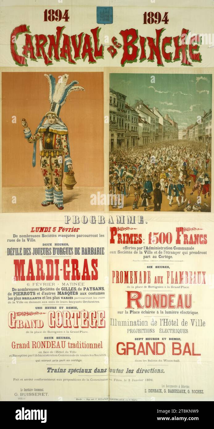 1894; CARNAVAL de BINCHE; PROGRAMS, Anonymous, 1894, print, color lithograph, sheet: 2000 mm x 1080 mm Stock Photo