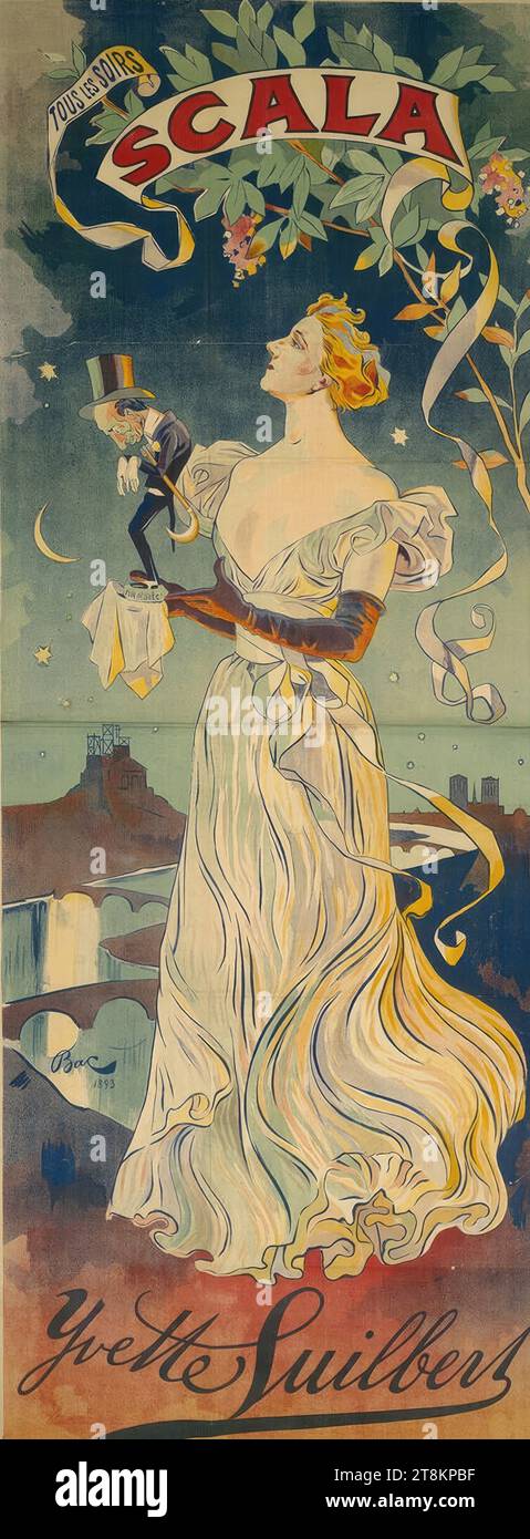 SCALA; Yvette Guilbert, Ferdinand Bac, France, 1859 - 1952, 1893, print, color lithograph, sheet: 2060 mm x 810 mm, M.u. Stamp, Sagot Stock Photo