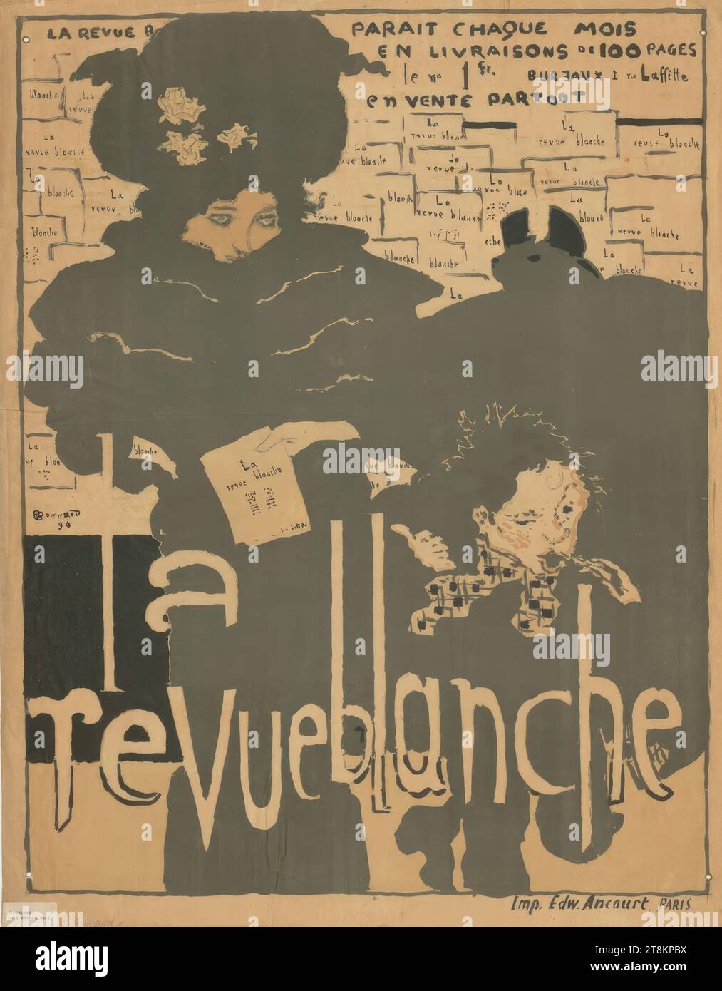 La revue blanche, Pierre Bonnard, Fontenay-aux-Roses 1867 - 1947 Le Cannet, 1894, print, color lithograph, 80 x 62 cm, above: 'LA REVUE B[LANCHE] PARAIT CHAQUE MOIS / EN LIVRAISONS DE 100 PAGES / le n° 1 Fr. Bureaux 1 rue Lafitte 7 / en VENTE PARTOUT'; on the magazines shown: 'La revue blanche'; Wed. left: 'Bonnard / 94'; below: 'la / revue blanche'; bottom right: 'Imp. Edw. 'Ancourt Paris Stock Photo