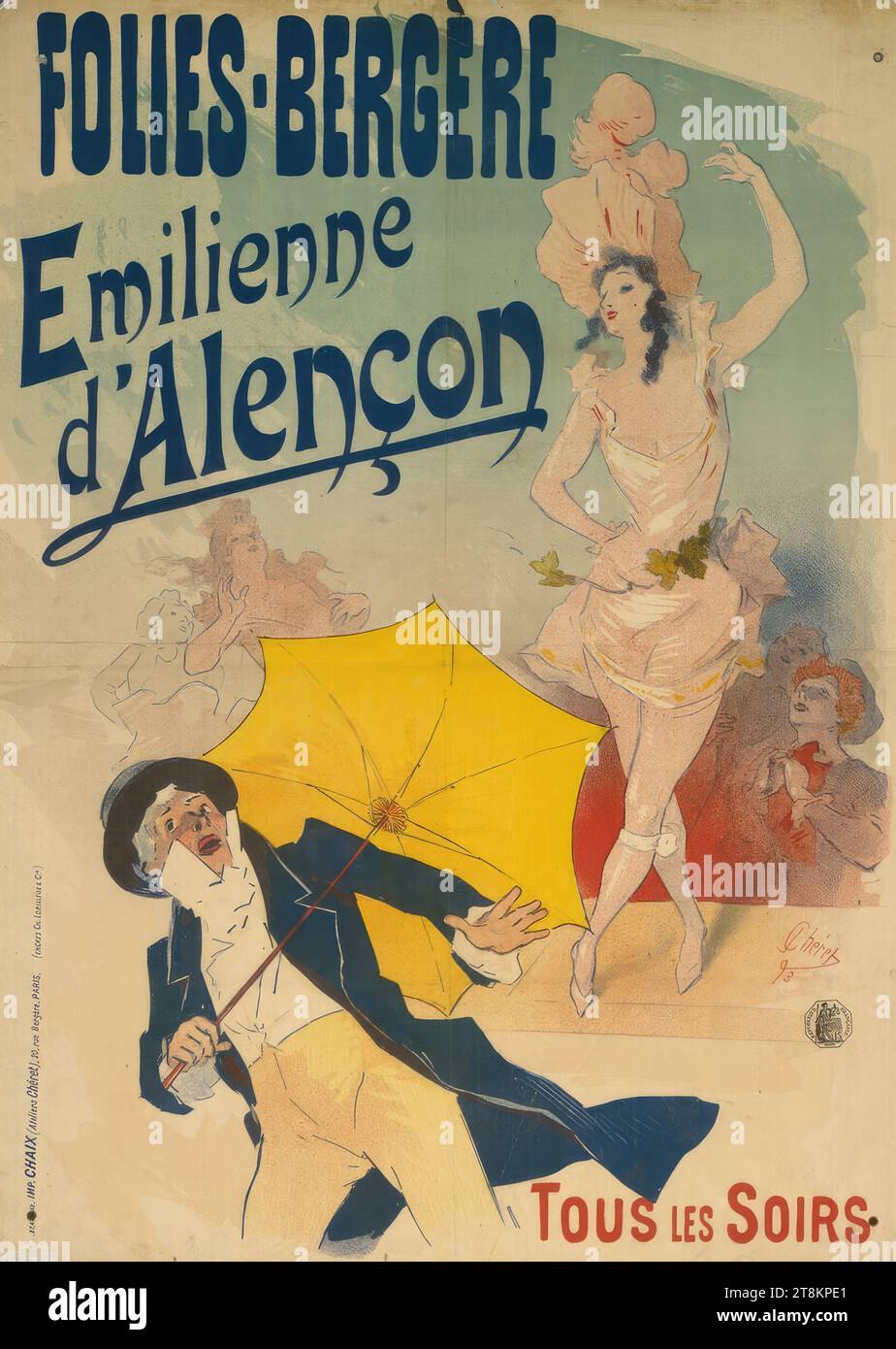 FOLIES-BERGÈRE; Emilienne d'Alencon, Jules Chéret, Paris 1836 - 1932 Nice, 1893, print, color lithograph, sheet: 810 mm x 590 mm, right. Rubber stamp Stock Photo