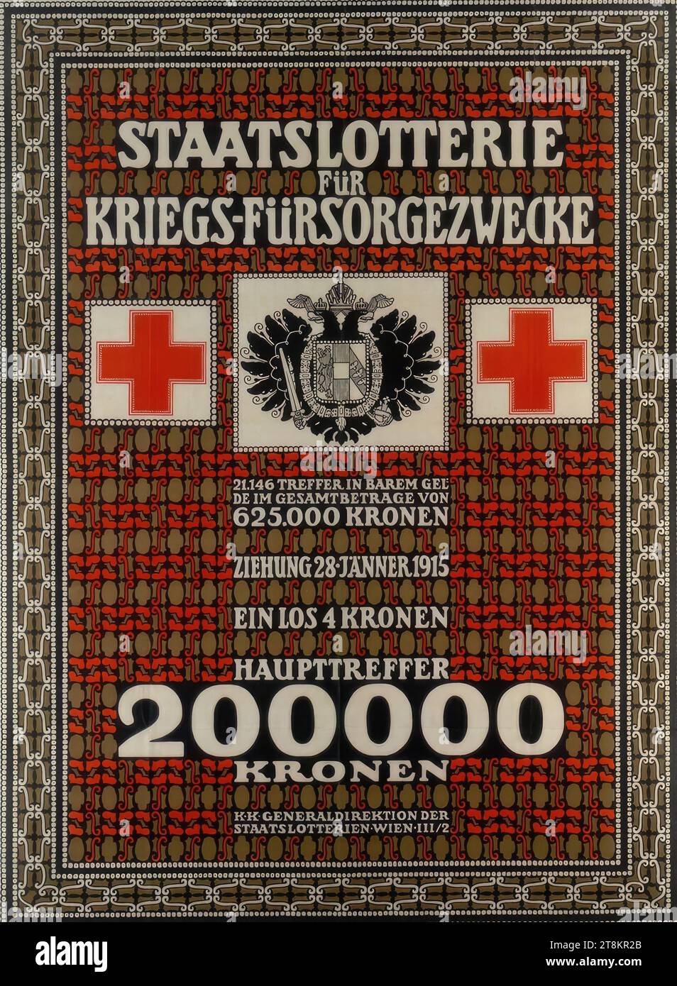 STATE LOTTERY FOR WAR PURPOSES; DRAWING JANUARY 28, 1915, Rudolf Junk, Vienna 1880 - 1943 Rekawinkel, 1915, print, color lithograph, sheet: 1260 mm x 950 mm, Austria Stock Photo