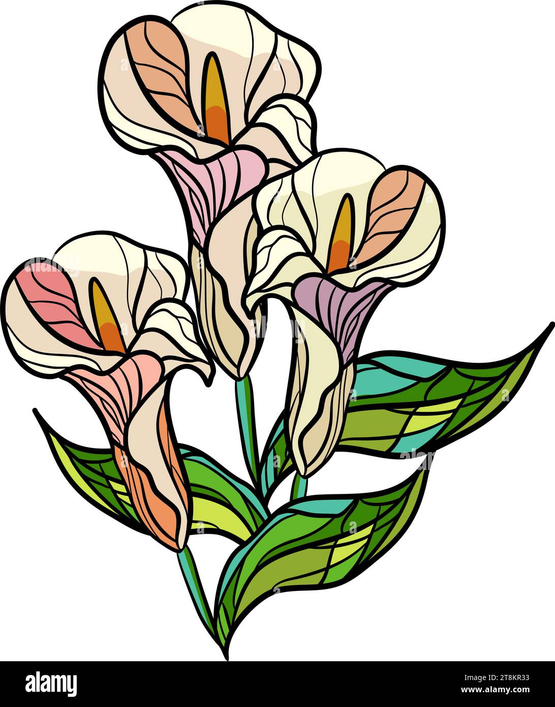Bouquet of calla lilies with green leaves in stained glass style