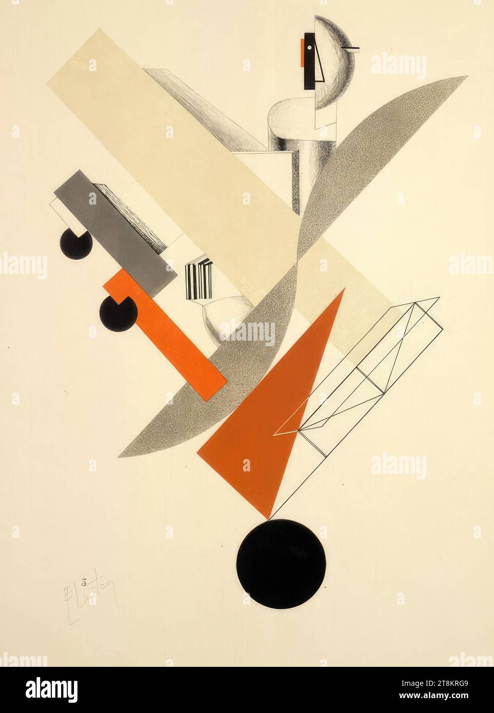 Globetrotter, in time, sheet 5 from: The plastic design of the electro-mechanical show - victory over the sun by Aleksei Krutschonych, The plastic design of the electro-mechanical show - victory over the sun, El Lissitzky, Potschinok 1890 - 1941 Moscow, 1923, print, lithograph, sheet: 53.4 × 45.7 cm, l.l. in print: '5 Stock Photo