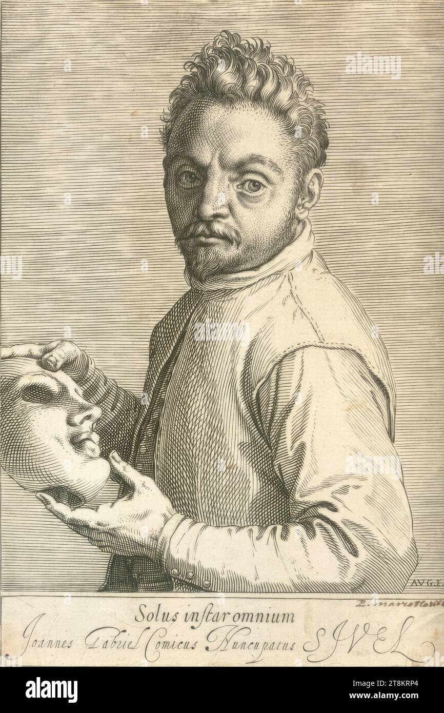 Portrait of the comedian Giovanni Gabrieli, called Sivello, Agostino Carracci, Bologna 1557 - 1602 Parma, print, copperplate engraving, sheet: 18.3 x 12.3 cm, M.u. 'Solis instar omnium / Joannes Gabriel Comicus Huncupatus', right. 'P. Mariette Stock Photo