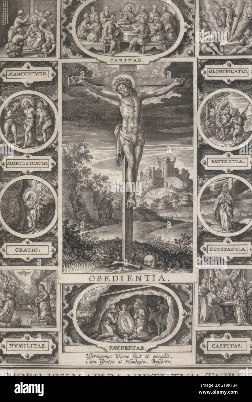 Example of the noblest virtues, Hieronymus Wierix, Antwerp 1553 - 1619 Antwerp, print, copperplate engraving, sheet: 16.1 x 10.9 cm Stock Photo