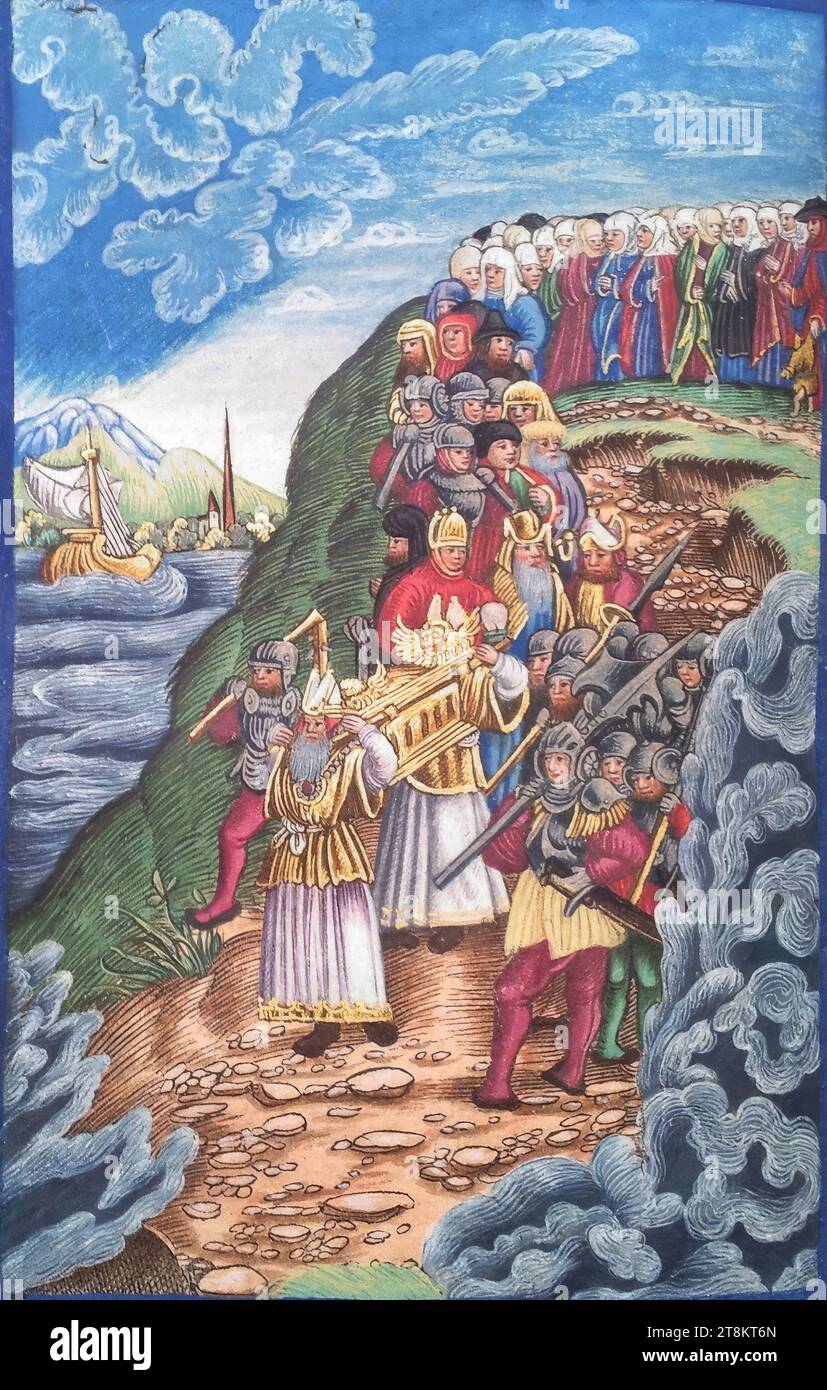 Old Testament, Luther Bible, The procession through the Jordan, Joshua 3, Georg Lemberger, Landshut around 1490/1500 - around 1540 Leipzig, 1524, print, woodcut, colored, sheet: approx. 17.5 x 11, 5 cm, on endpaper 1 verso: 'G. L. Gottfried Leigel', see under 'Historical Attributions Stock Photo