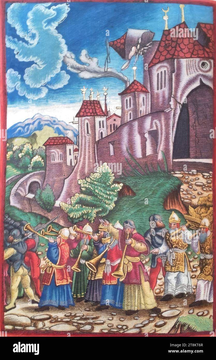 Old Testament, Luther Bible, The conquest and destruction of Jericho, Joshua 6, Georg Lemberger, Landshut around 1490/1500 - around 1540 Leipzig, 1524, print, woodcut, colored, sheet: approx. 17.5 x 11, 5 cm, on endpaper 1 verso: 'G. L. Gottfried Leigel', see under 'Historical Attributions Stock Photo