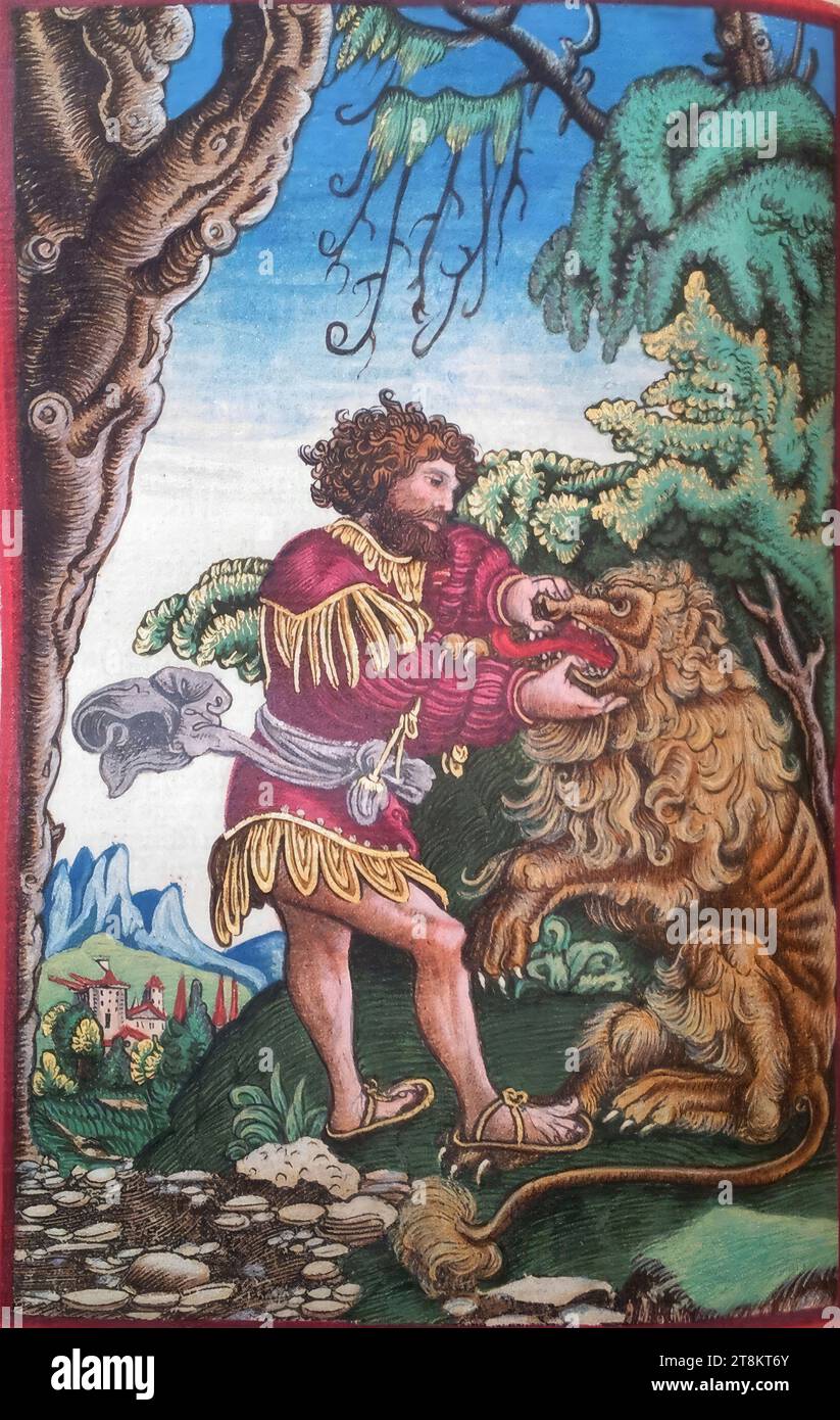 Old Testament, Luther Bible, Samson's fight with the lion, Judges 14, 5-6, Georg Lemberger, Landshut around 1490/1500 - around 1540 Leipzig, 1524, print, woodcut, colored, sheet: approx. 17, 5 x 11.5 cm, on endpaper 1 verso: 'G. L. Gottfried Leigel', see under 'Historical Attributions Stock Photo