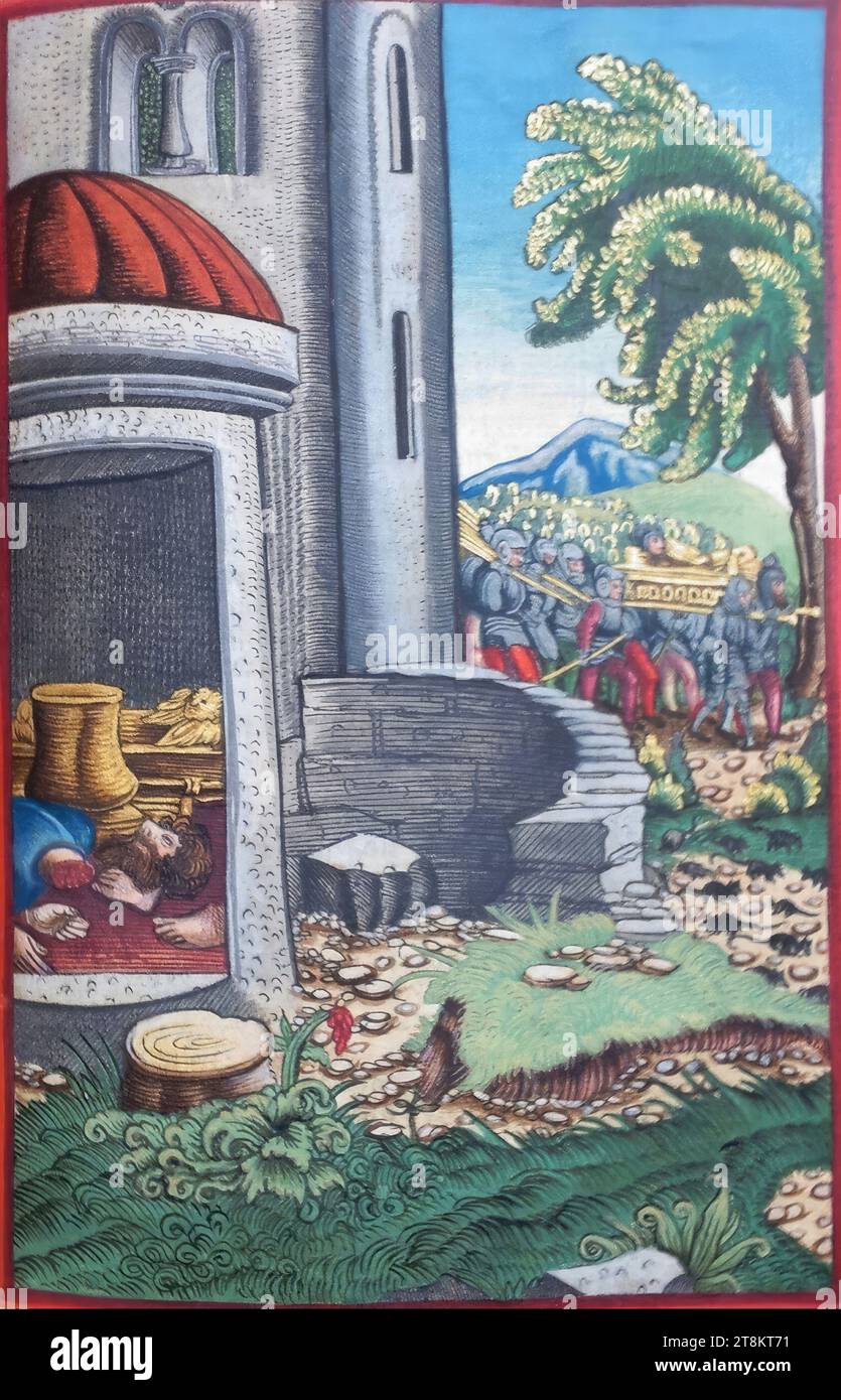 Old Testament, Luther Bible, The Ark of the Covenant in the Temple of Dagon, 1 Samuel 5, 1-4, Georg Lemberger, Landshut around 1490/1500 - around 1540 Leipzig, 1524, print, woodcut, colored, sheet: approx. 17.5 x 11.5 cm, on endpaper 1 verso: 'G. L. Gottfried Leigel', see under 'Historical Attributions Stock Photo