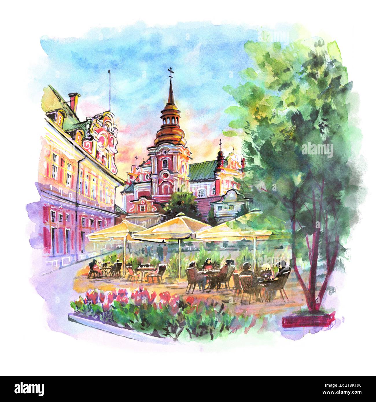 Watercolor sketch of Plac Kolegiacki in Old town of Poznan, Poland Stock Photo