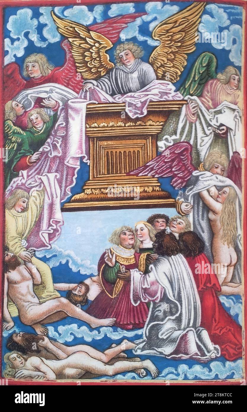 New Testament, Luther Bible, opening of the fifth seal, the clothing of the martyrs under the altar, Revelation of John 6, 9-11, Georg Lemberger, Landshut around 1490/1500 - around 1540 Leipzig, 1524, print, woodcut, colored, sheet: 17.5 x 11.5 cm each Stock Photo