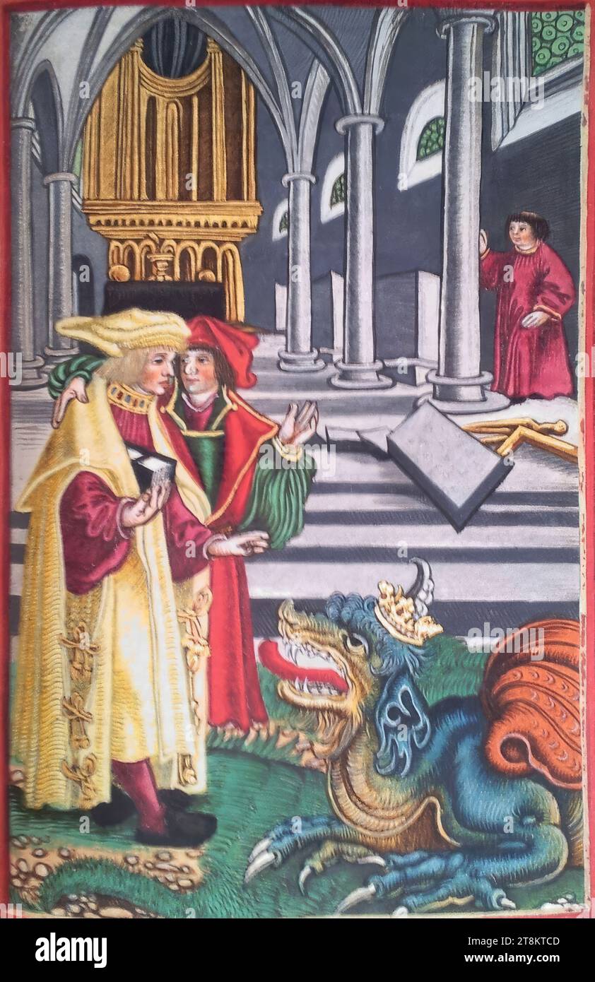 New Testament, Luther Bible, The dimensions of the temple, the two prophesies and the beast from the abyss, Revelation of John 11, 1-7, Georg Lemberger, Landshut around 1490/1500 - around 1540 Leipzig, 1524, print, woodcut, colored, sheet: each 17.5 x 11.5 cm Stock Photo